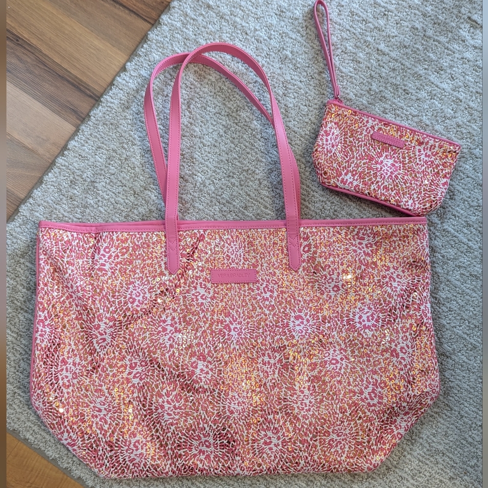 Vera Bradley Summer Sparkle Sequined Large Pink Tote Bag and matching wristlet